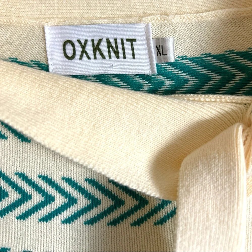Oxknit Sweater Women’s XL 60s Retro Geo Mod Style Cotton Long Sleeve Teal Cream - Picture 16 of 16